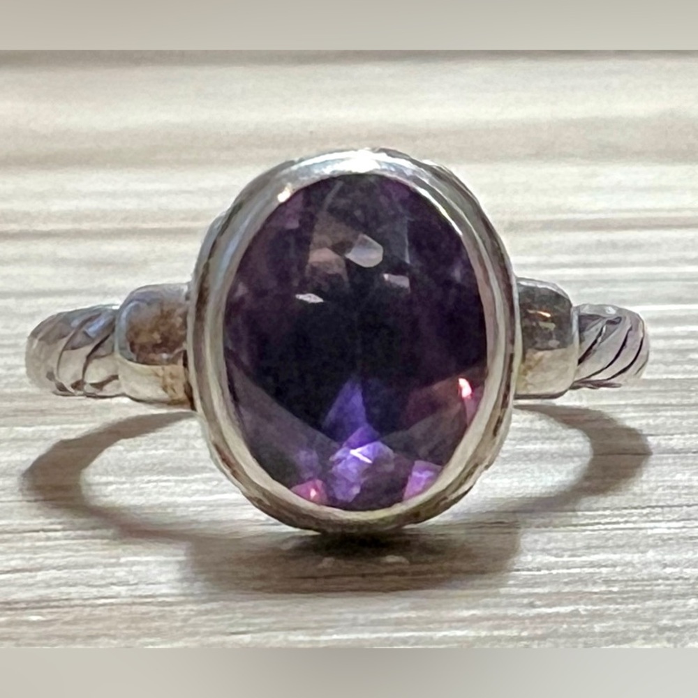 Vintage Designer Signed M ID Sterling Silver Twisted Cable Amethyst Ring, Size 5 - Picture 2 of 9